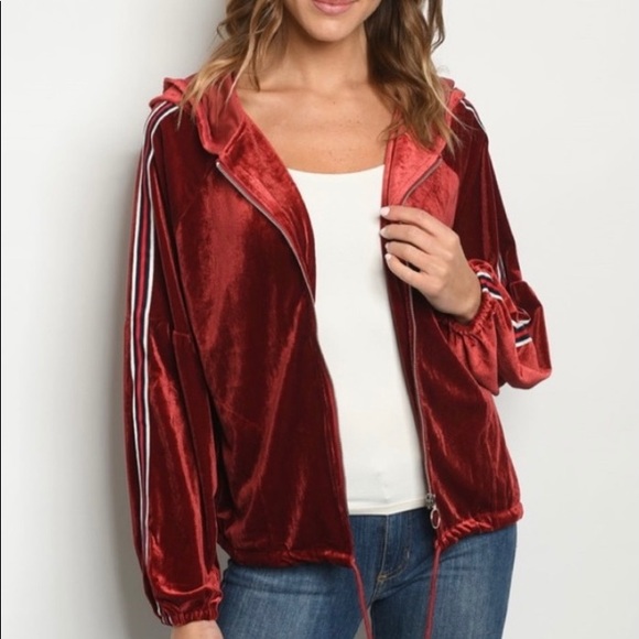 Red Velvet Zip Hoodie Jacket - Picture 2 of 9